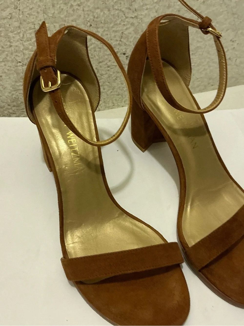 Stuart Weitzman Suede Ankle-Strap Block Heel - Cognac Brown - Picture 3 of 10
